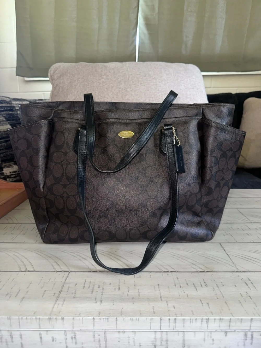 Coach Brown Signature Tote with Black Leather Straps